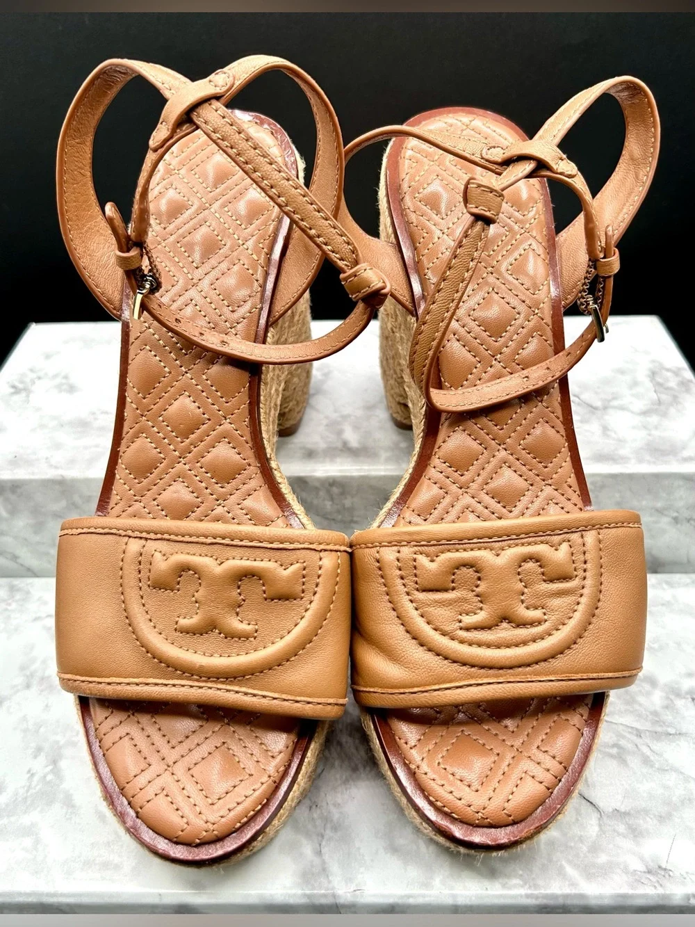 TORY BURCH Fleming Platform Espadrille Wedge Sandals Quilted Tan Leather. Size 8
